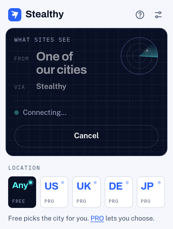 Stealthy panel while connecting. The button says Cancel.