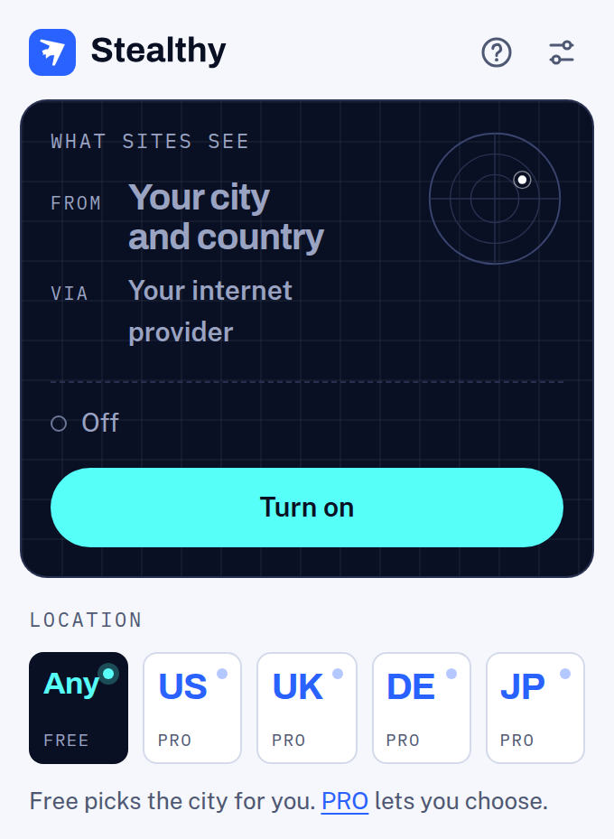 Stealthy panel while off. Your own blip is on the radar, and the button says Turn on.