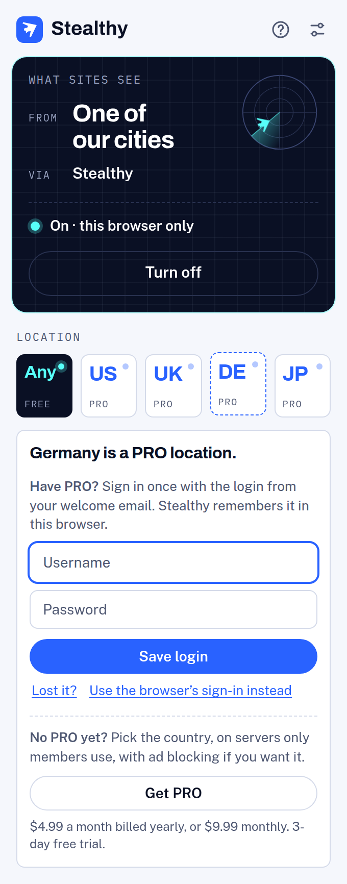 Location tags on the panel with Germany waiting, marked with a dashed outline. Below, a card says Germany is a PRO location, with a form to save the PRO login and a Get PRO button with the price.